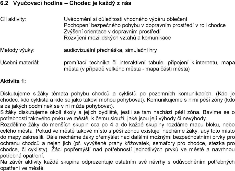 města (v případě velkého města - mapa části města) Aktivita 1: Diskutujeme s žáky témata pohybu chodců a cyklistů po pozemních komunikacích.