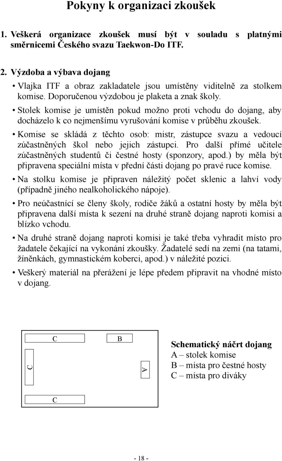 Stolek komise je umístěn pokud možno proti vchodu do dojang, aby docházelo k co nejmenšímu vyrušování komise v průběhu zkoušek.