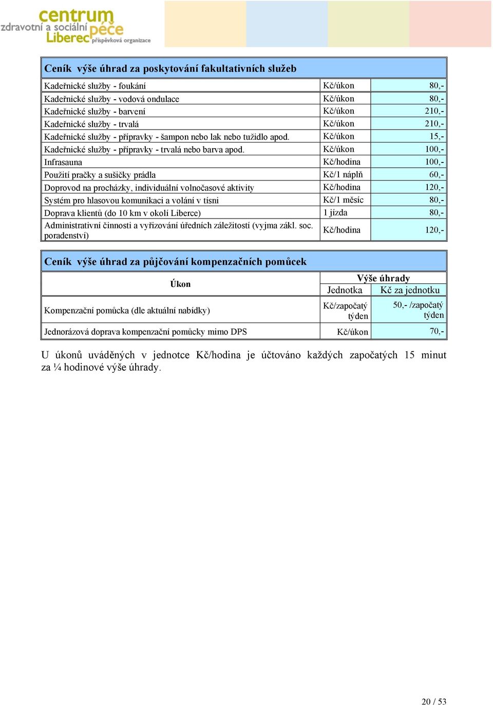 Kč/úkon 100,- Infrasauna Kč/hodina 100,- Použití pračky a sušičky prádla Kč/1 náplň 60,- Doprovod na procházky, individuální volnočasové aktivity Kč/hodina 120,- Systém pro hlasovou komunikaci a