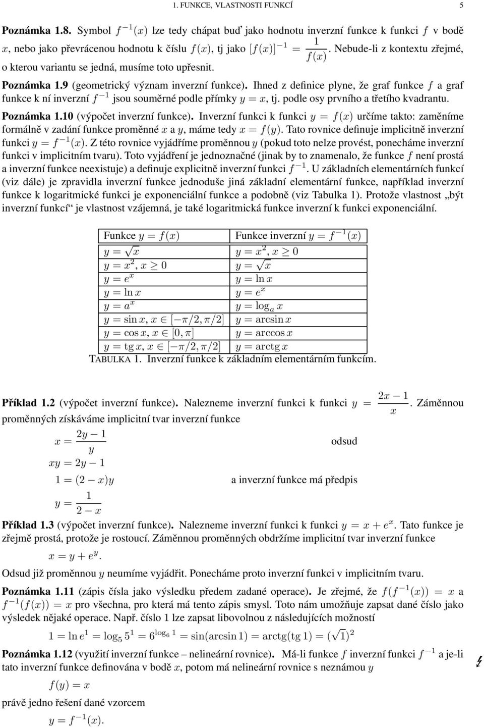 Ihned z definice plyne, že grf funkce f grf funkce k ní inverzníf 1 jsou souměrné podle přímkyy = x, tj. podle osy prvního třetího kvdrntu. Poznámk 1.10 (výpočet inverzní funkce).