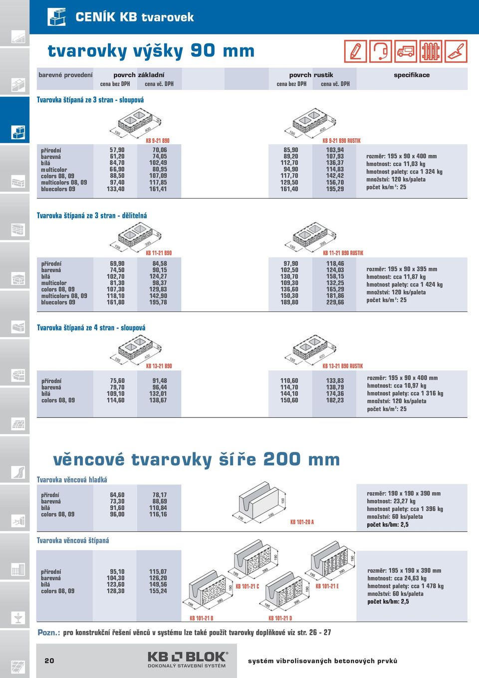 KB 9-21 B90 RUSTIK 103,94 107,93 136,37 114,83 142,42 156,70 195,29 rozměr: 195 x 90 x 400 mm hmotnost: cca 11,03 kg hmotnost palety: cca 1 324 kg množství: 120 ks/paleta počet ks/m 2 : 25 Tvarovka