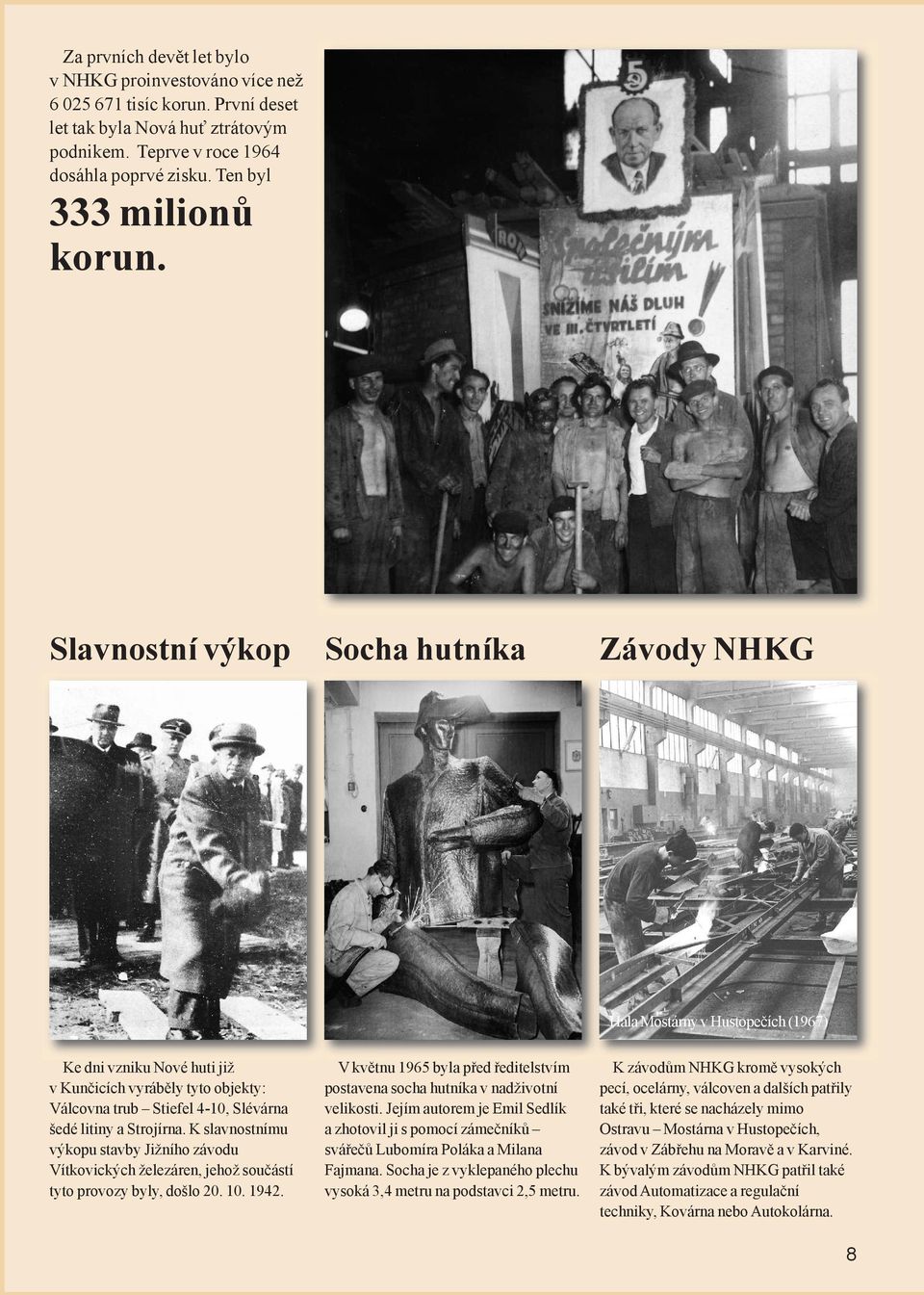 Slavnostní výkop Socha hutníka Závody NHKG Hala Mostárny v Hustopečích (1967) Ke dni vzniku Nové huti již v Kunčicích vyráběly tyto objekty: Válcovna trub Stiefel 4-10, Slévárna šedé litiny a