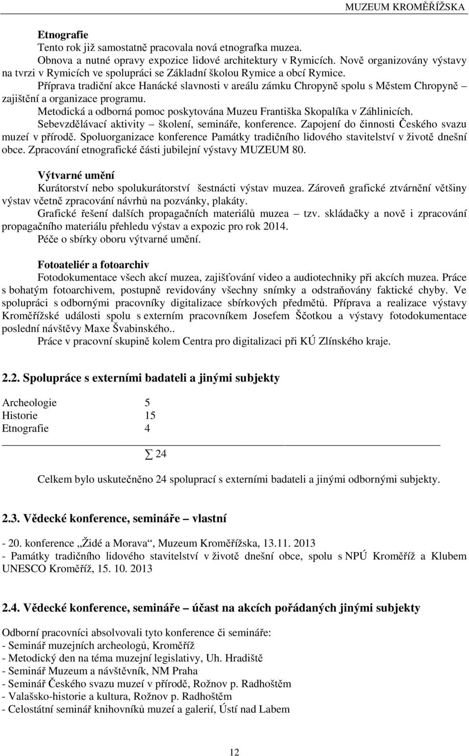 Příprava tradiční akce Hanácké slavnosti v areálu zámku Chropyně spolu s Městem Chropyně zajištění a organizace programu. Metodická a odborná pomoc poskytována Muzeu Františka Skopalíka v Záhlinicích.