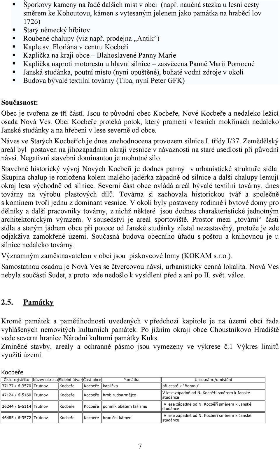 Floriána v centru Kocbeří Kaplička na kraji obce Blahoslavené Panny Marie Kaplička naproti motorestu u hlavní silnice zasvěcena Panně Marii Pomocné Janská studánka, poutní místo (nyní opuštěné),