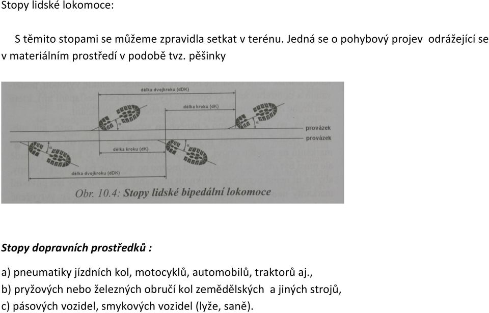 pěšinky Stopy dopravních prostředků : a) pneumatiky jízdních kol, motocyklů, automobilů,