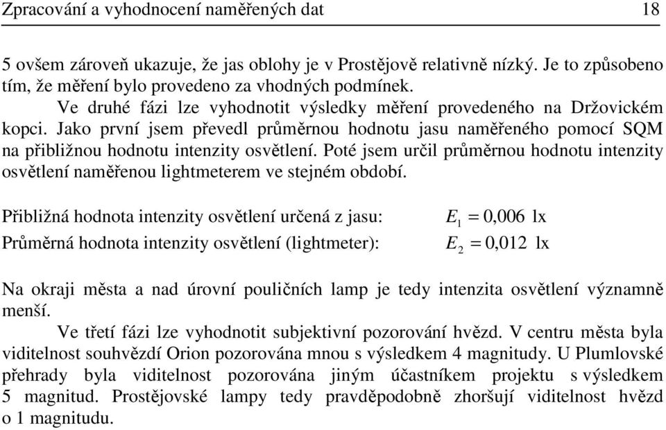 Poté jsem určil průměrnou hodnotu intenzity osvětlení naměřenou lightmeterem ve stejném období.