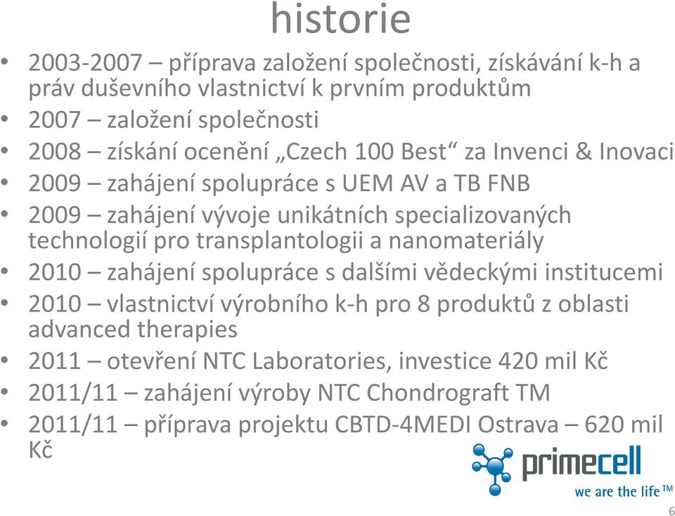 transplantologii a nanomateriály 2010 zahájení spolupráce s dalšími vědeckými institucemi 2010 vlastnictví výrobního k-h pro 8 produktů z oblasti advanced