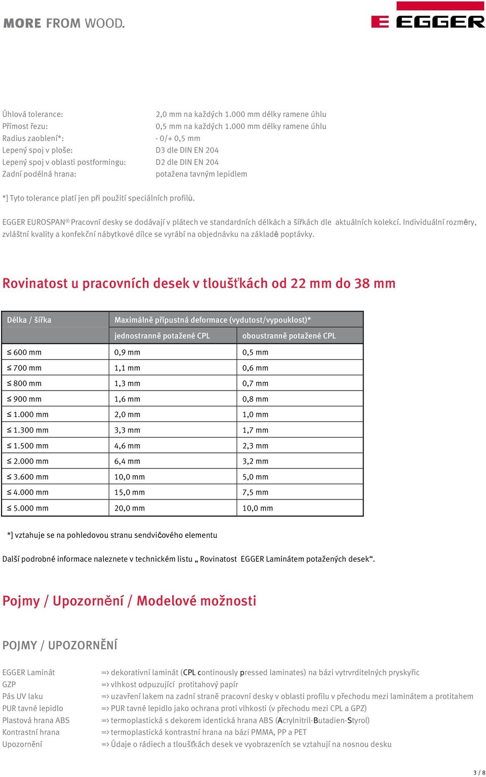 Tyto tolerance platí jen při použití speciálních profilů. EGGER EUROSPAN Pracovní desky se dodávají v plátech ve standardních délkách a šířkách dle aktuálních kolekcí.