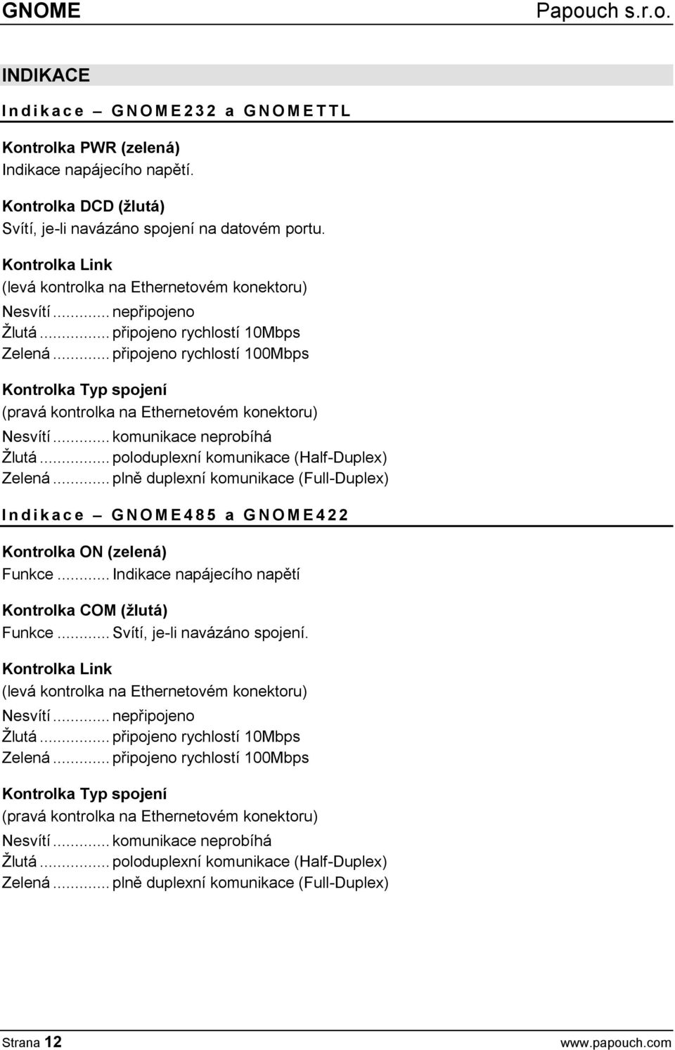 .. připojeno rychlostí 100Mbps Kontrolka Typ spojení (pravá kontrolka na Ethernetovém konektoru) Nesvítí... komunikace neprobíhá Žlutá... poloduplexní komunikace (Half-Duplex) Zelená.