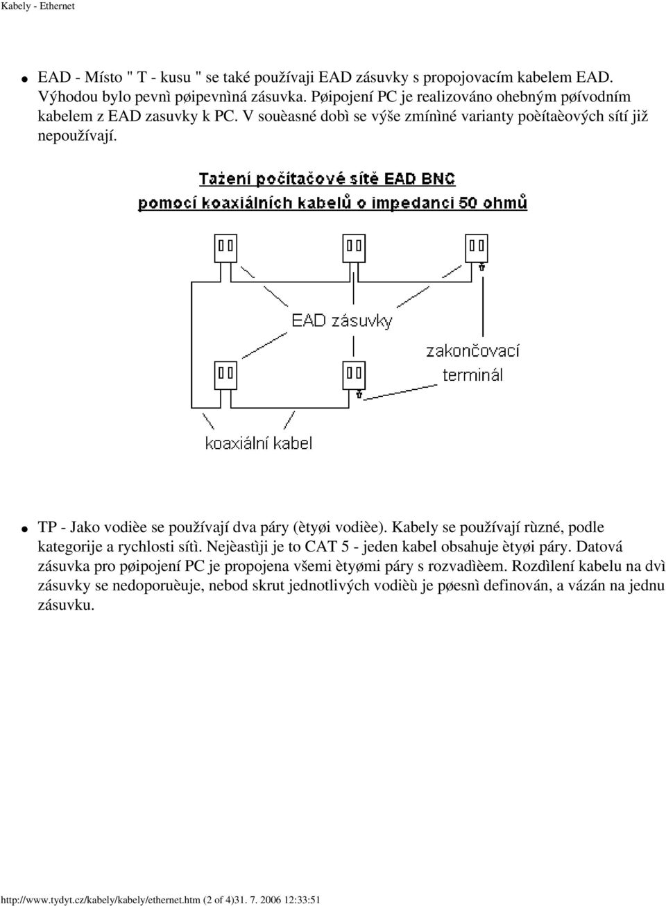 TP - Jako vodièe se používají dva páry (ètyøi vodièe). Kabely se používají rùzné, podle kategorije a rychlosti sítì. Nejèastìji je to CAT 5 - jeden kabel obsahuje ètyøi páry.