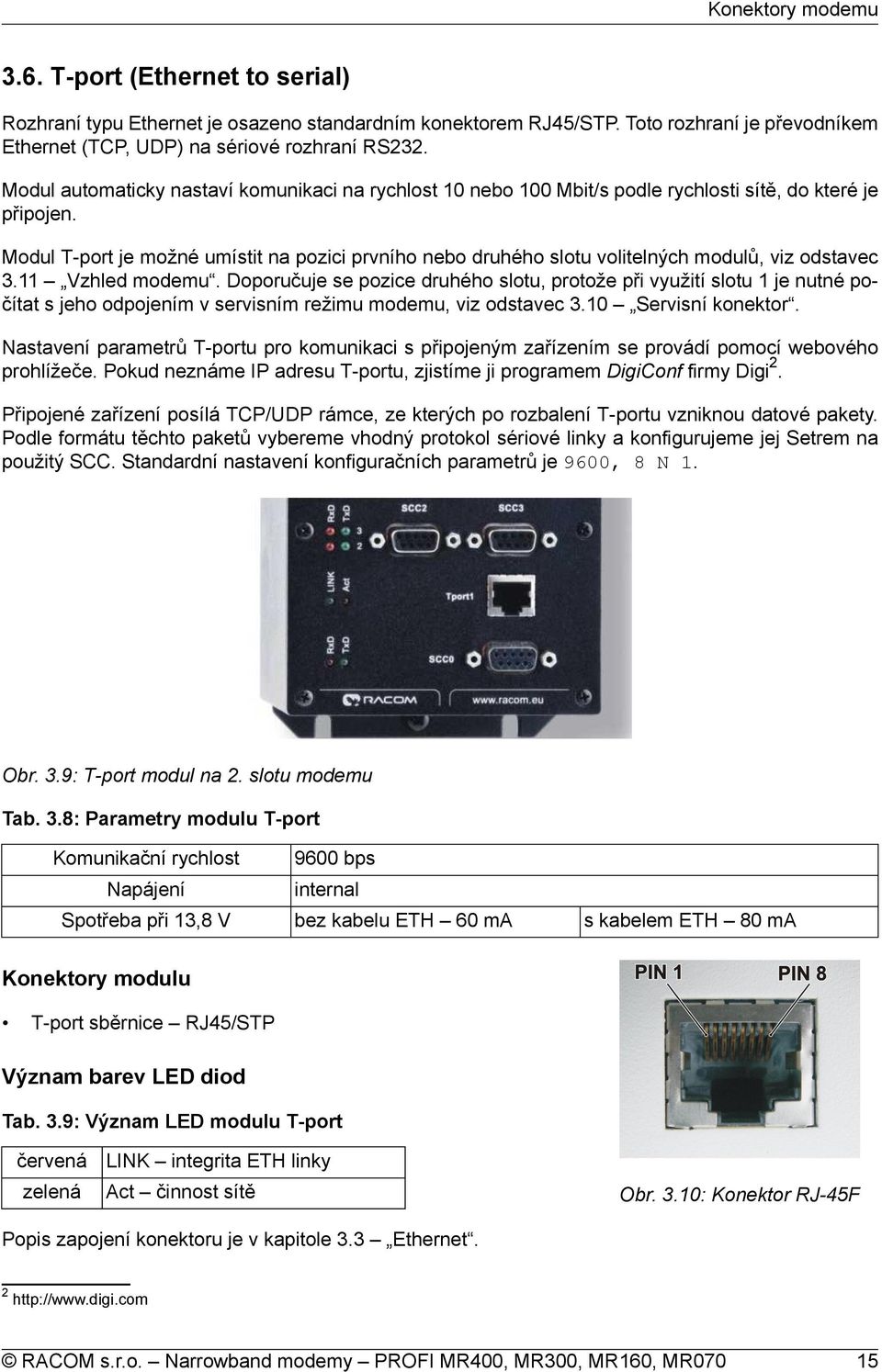 Modul T-port je možné umístit na pozici prvního nebo druhého slotu volitelných modulů, viz odstavec 3.11 Vzhled modemu.