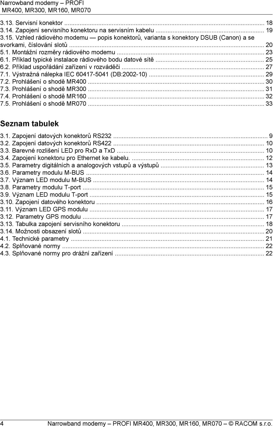 .. 25 6.2. Příklad uspořádání zařízení v rozváděči... 27 7.1. Výstražná nálepka IEC 60417-5041 (DB:2002-10)... 29 7.2. Prohlášení o shodě MR400... 30 7.3. Prohlášení o shodě MR300... 31 7.4. Prohlášení o shodě MR160.