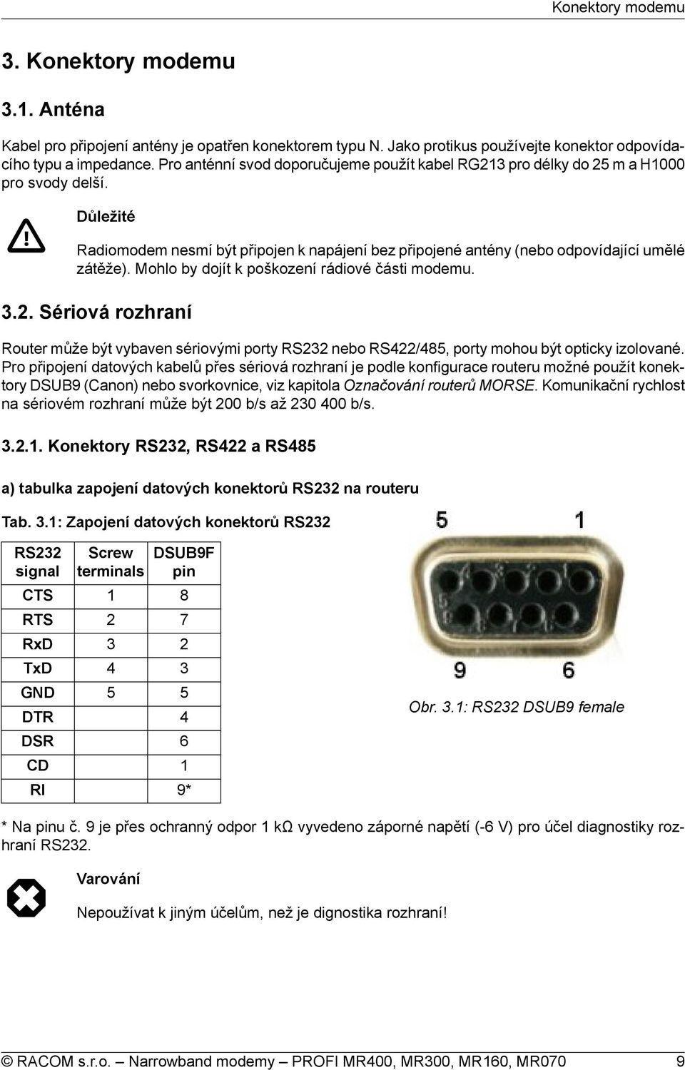 Mohlo by dojít k poškození rádiové části modemu. 3.2. Sériová rozhraní Router může být vybaven sériovými porty RS232 nebo RS422/485, porty mohou být opticky izolované.