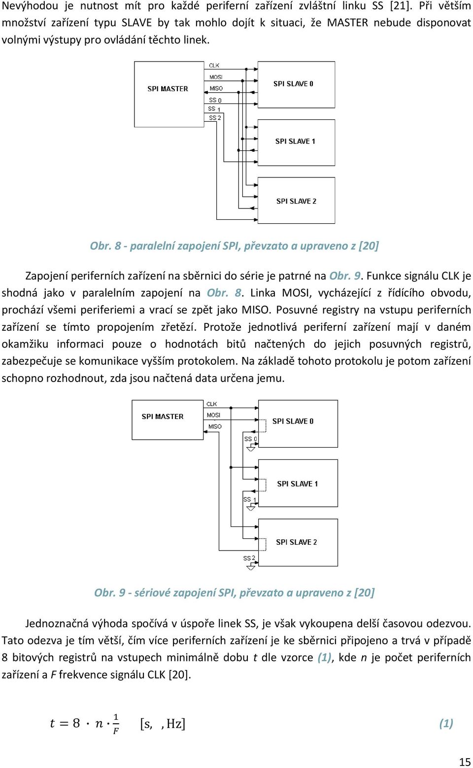 8 - paralelní zapojení SPI, převzato a upraveno z [20] Zapojení periferních zařízení na sběrnici do série je patrné na Obr. 9. Funkce signálu CLK je shodná jako v paralelním zapojení na Obr. 8.