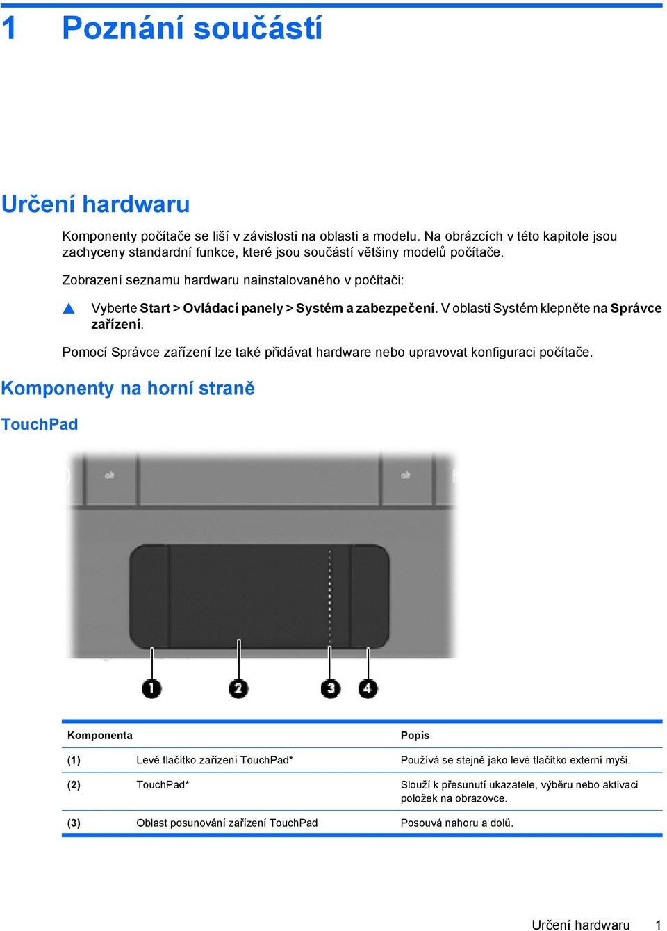 Zobrazení seznamu hardwaru nainstalovaného v počítači: Vyberte Start > Ovládací panely > Systém a zabezpečení. V oblasti Systém klepněte na Správce zařízení.