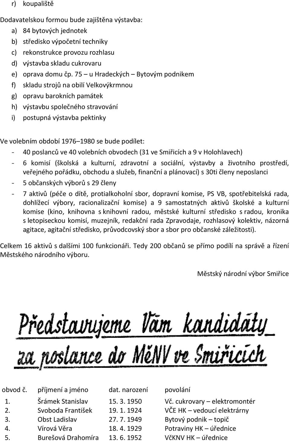 bude podílet: - 40 poslanců ve 40 volebních obvodech (31 ve Smiřicích a 9 v Holohlavech) - 6 komisí (školská a kulturní, zdravotní a sociální, výstavby a životního prostředí, veřejného pořádku,