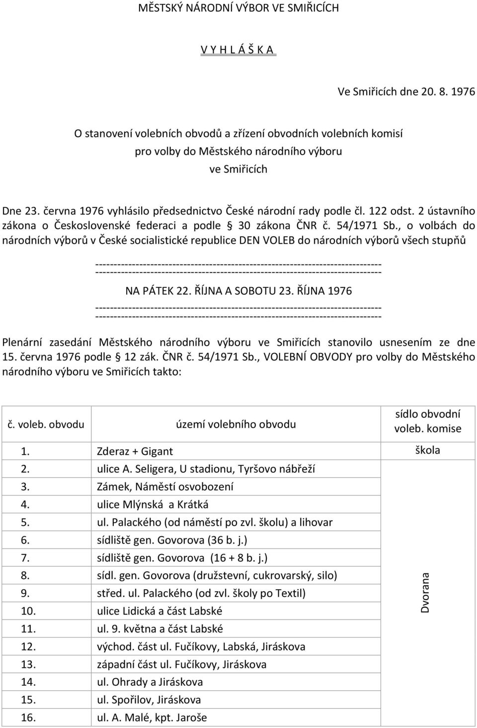 , o volbách do národních výborů v České socialistické republice DEN VOLEB do národních výborů všech stupňů NA PÁTEK 22. ŘÍJNA A SOBOTU 23.