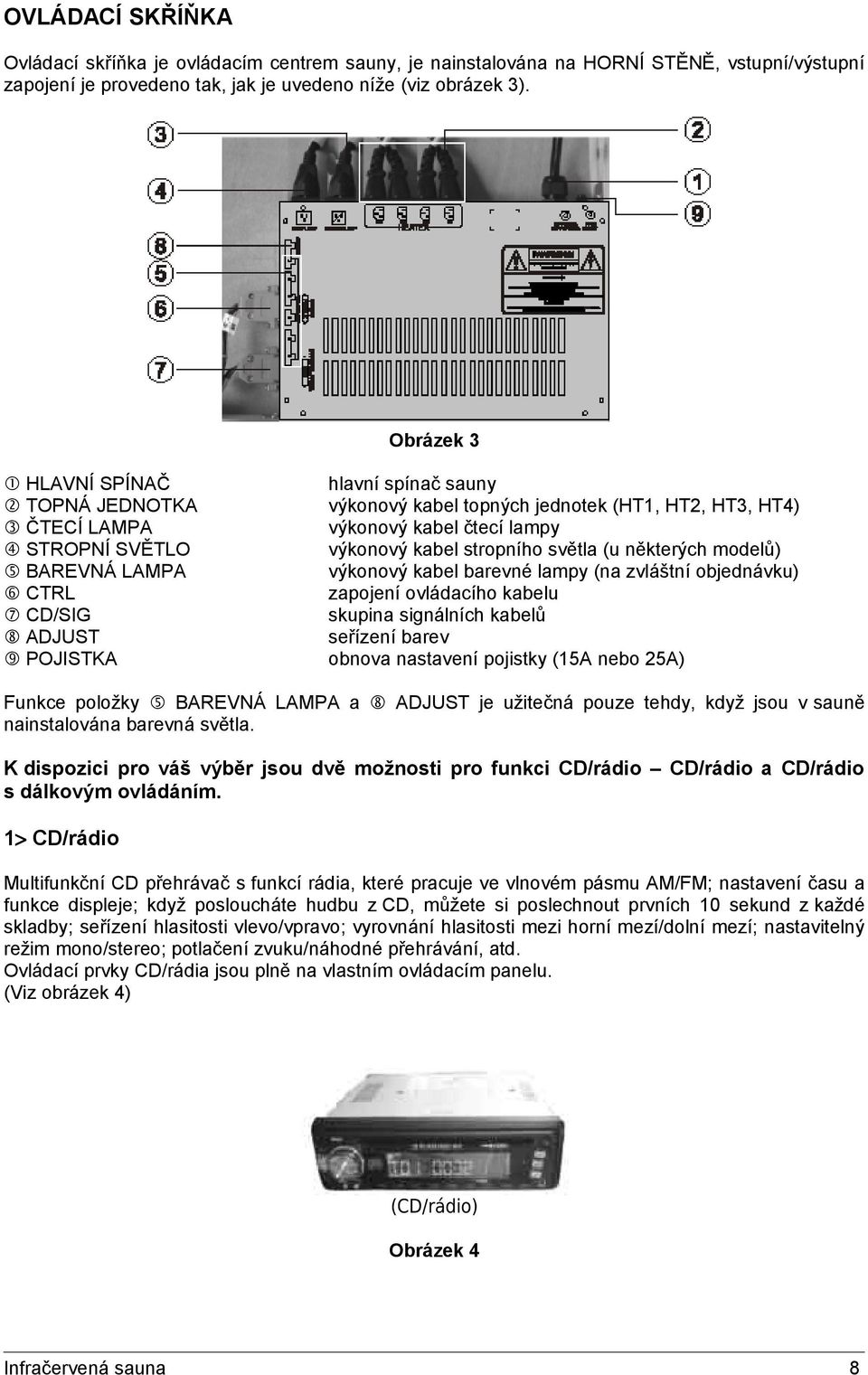 (u některých modelů) BAREVNÁ LAMPA výkonový kabel barevné lampy (na zvláštní objednávku) CTRL zapojení ovládacího kabelu CD/SIG skupina signálních kabelů ADJUST seřízení barev POJISTKA obnova