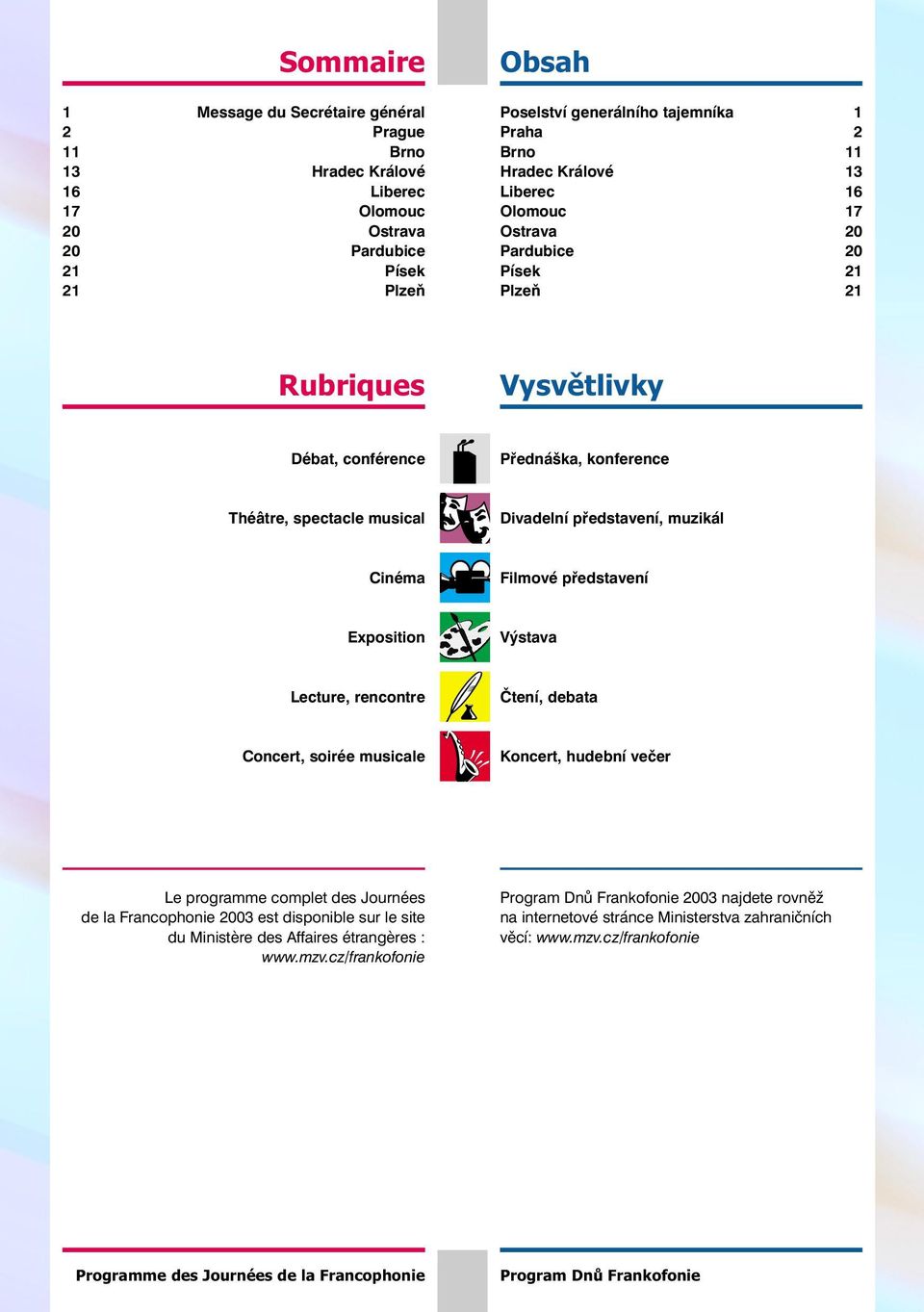 muzikál Cinéma Filmové představení Exposition Výstava Lecture, rencontre Čtení, debata Concert, soirée musicale Koncert, hudební večer Le programme complet des Journées de la Francophonie 2003 est