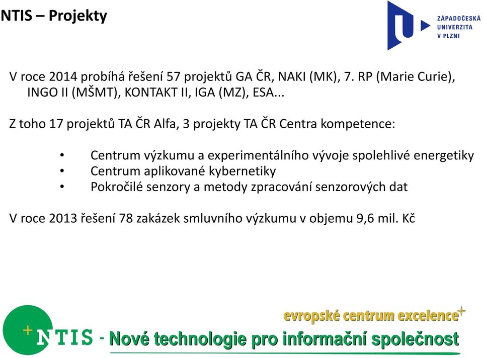 .. Z toho 17 projektů TA ČR Alfa, 3 projekty TA ČR Centra kompetence: Centrum výzkumu a experimentálního