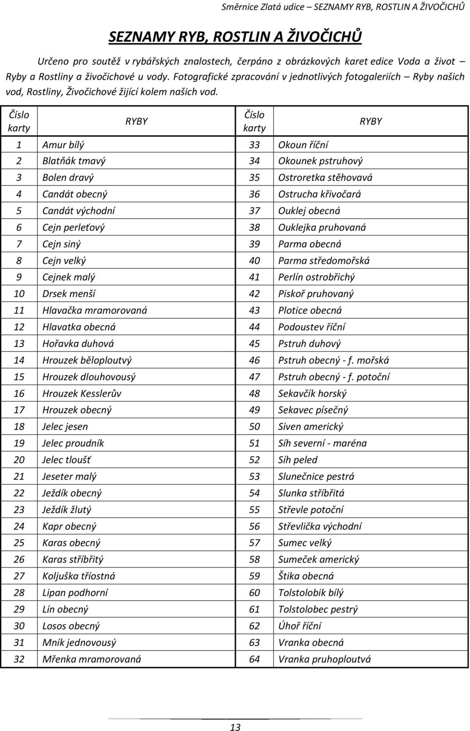 Číslo karty RYBY Číslo karty 1 Amur bílý 33 Okoun říční 2 Blatňák tmavý 34 Okounek pstruhový 3 Bolen dravý 35 Ostroretka stěhovavá 4 Candát obecný 36 Ostrucha křivočará 5 Candát východní 37 Ouklej