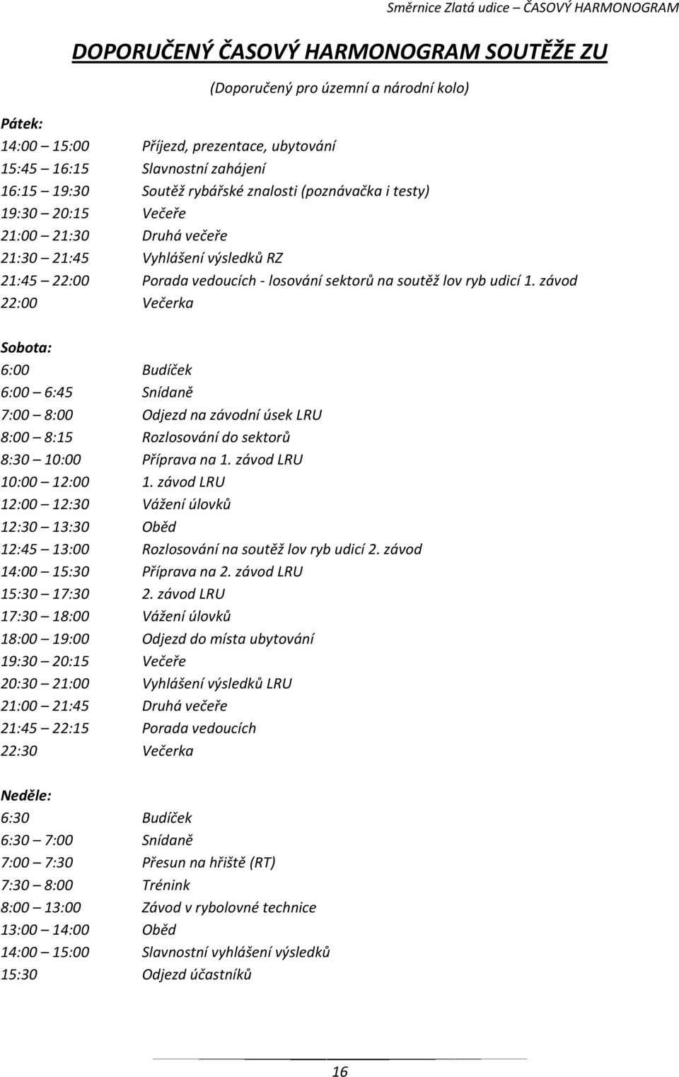 ryb udicí 1. závod 22:00 Večerka Sobota: 6:00 Budíček 6:00 6:45 Snídaně 7:00 8:00 Odjezd na závodní úsek LRU 8:00 8:15 Rozlosování do sektorů 8:30 10:00 Příprava na 1. závod LRU 10:00 12:00 1.