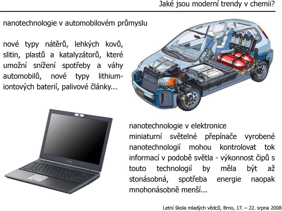 snížení spotřeby a váhy automobilů, nové typy lithiumiontových baterií, palivové články.