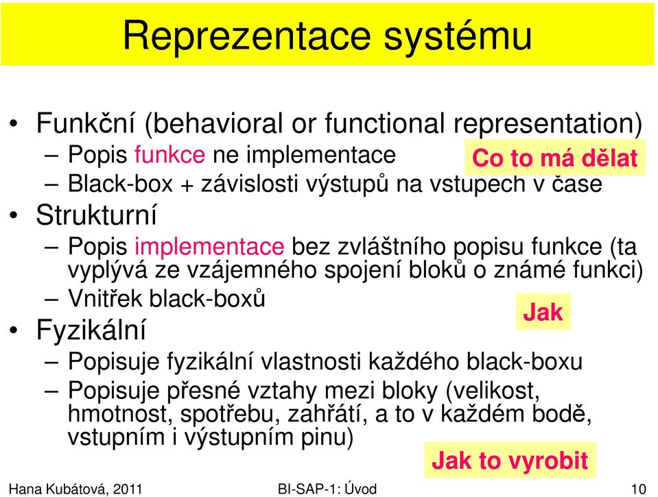 spojení bloků o známé funkci) Vnitřek black-boxů Fyzikální Popisuje fyzikální vlastnosti každého black-boxu Popisuje přesné