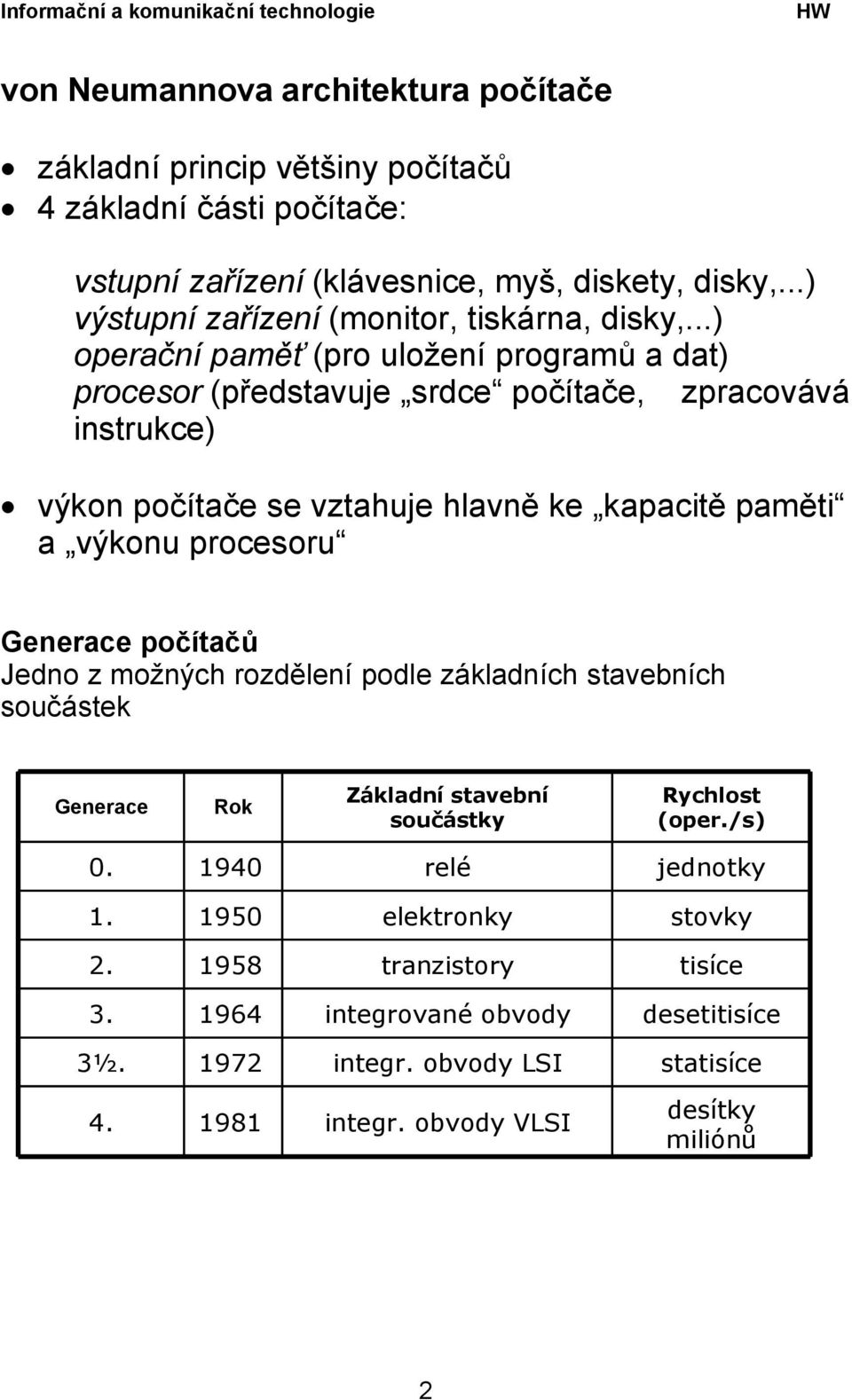 ..) operační paměť (pro uložení programů a dat) procesor (představuje srdce počítače, zpracovává instrukce) výkon počítače se vztahuje hlavně ke kapacitě paměti a výkonu procesoru