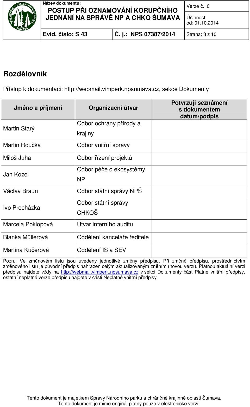 přírody a krajiny Odbor vnitřní správy Odbor řízení projektů Odbor péče o ekosystémy NP Odbor státní správy NPŠ Odbor státní správy CHKOŠ Útvar interního auditu Oddělení kanceláře ředitele Oddělení