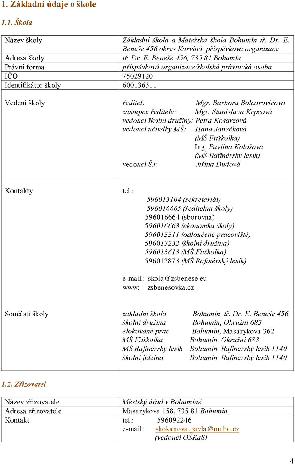 Beneše 456, 735 81 Bohumín Právní forma příspěvková organizace/školská právnická osoba IČO 75029120 Identifikátor školy 600136311 Vedení školy ředitel: Mgr.