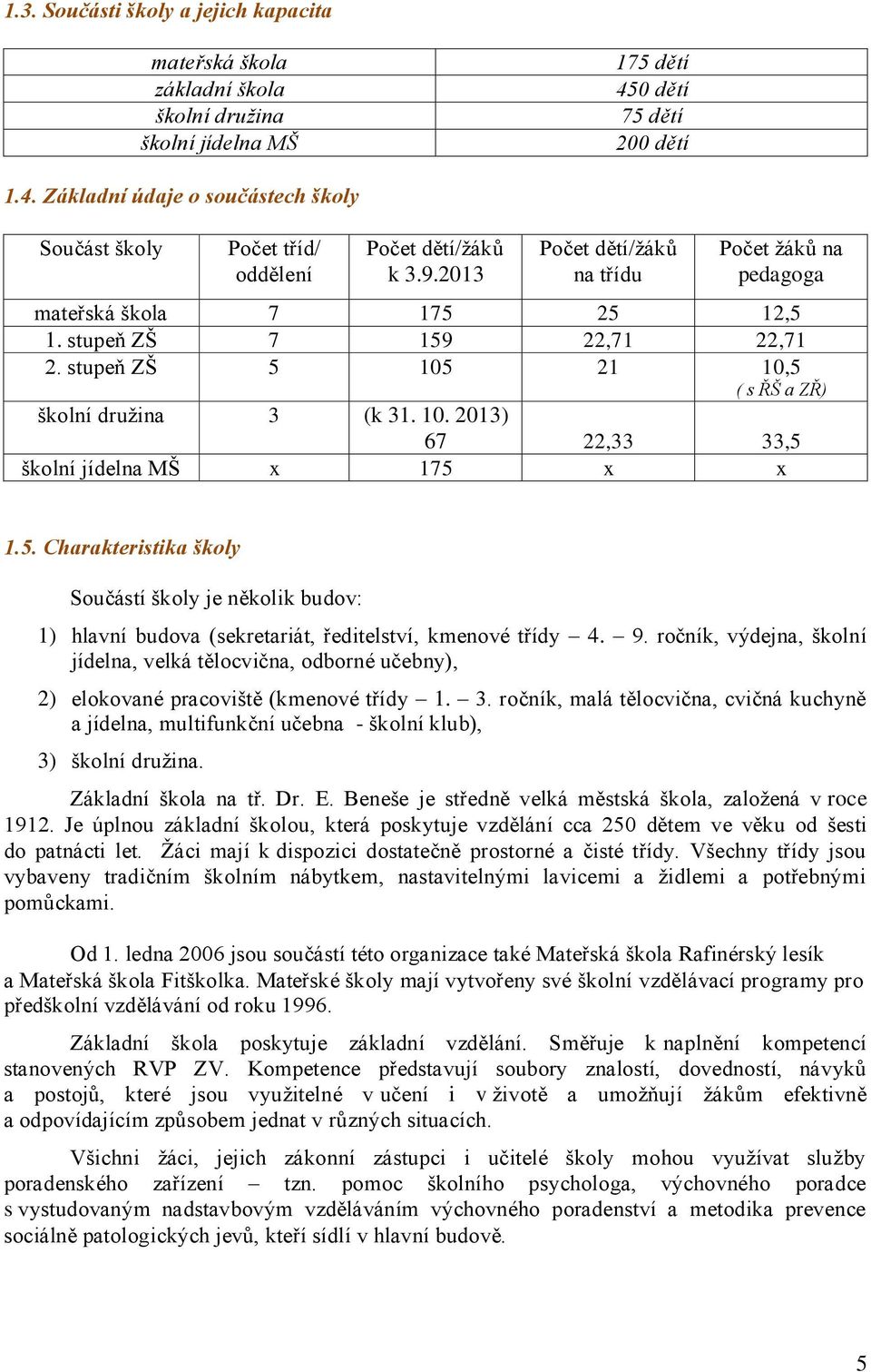 2013 Počet dětí/žáků na třídu Počet žáků na pedagoga mateřská škola 7 175 25 12,5 1. stupeň ZŠ 7 159 22,71 22,71 2. stupeň ZŠ 5 105 21 10,5 ( s ŘŠ a ZŘ) školní družina 3 (k 31. 10. 2013) 67 22,33 33,5 školní jídelna MŠ x 175 x x 1.