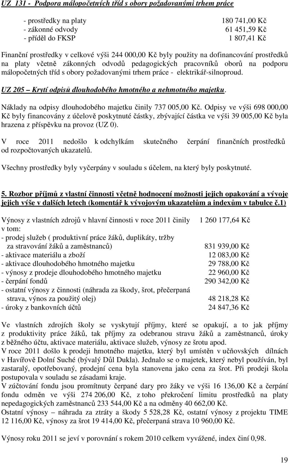 elektrikář-silnoproud. UZ 205 Krytí odpisů dlouhodobého hmotného a nehmotného majetku. Náklady na odpisy dlouhodobého majetku činily 737 005,00 Kč.