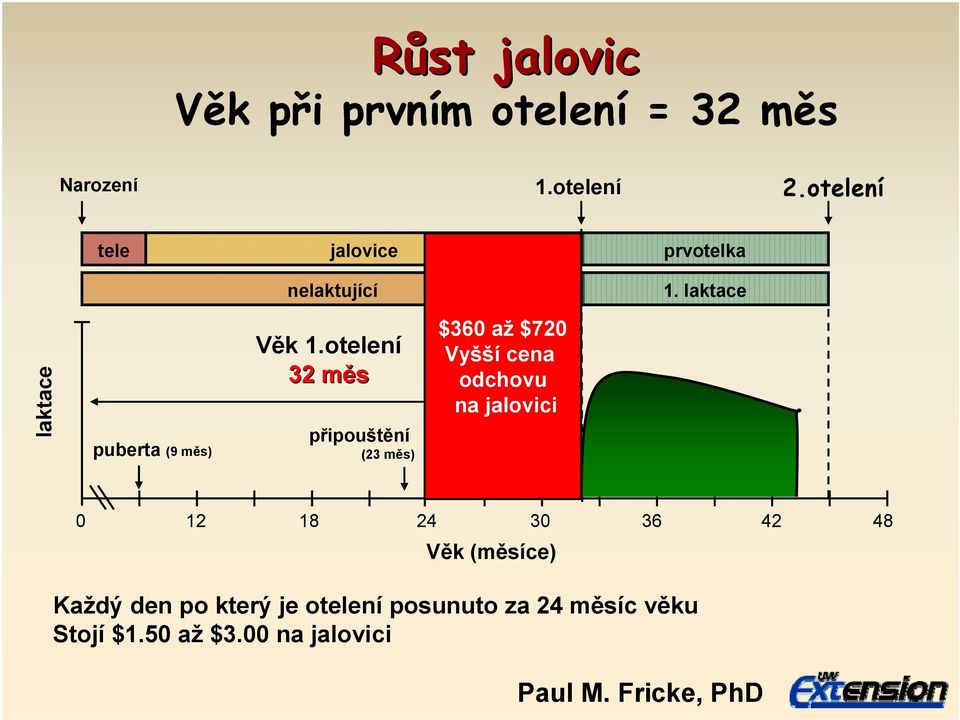 otelení 32 měs připouštění (23 měs) $360 až $720 Vyšší cena odchovu na jalovici 0 12 18 24 30