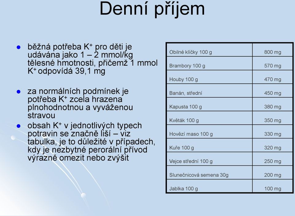 případech, kdy je nezbytné perorální přívod výrazně omezit nebo zvýšit Obilné klíčky 100 g Brambory 100 g Houby 100 g Banán, střední Kapusta 100 g Květák