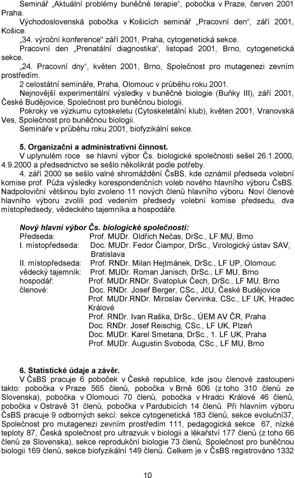 Pracovní dny, květen 2001, Brno, Společnost pro mutagenezi zevním prostředím. 2 celostátní semináře, Praha, Olomouc v průběhu roku 2001.