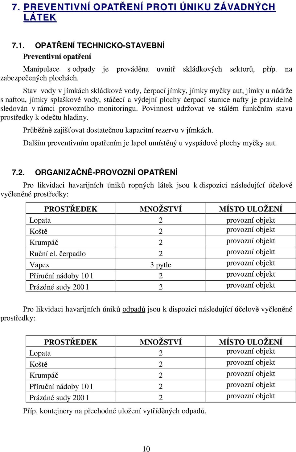 provozního monitoringu. Povinnost udržovat ve stálém funkčním stavu prostředky k odečtu hladiny. Průběžně zajišťovat dostatečnou kapacitní rezervu v jímkách.