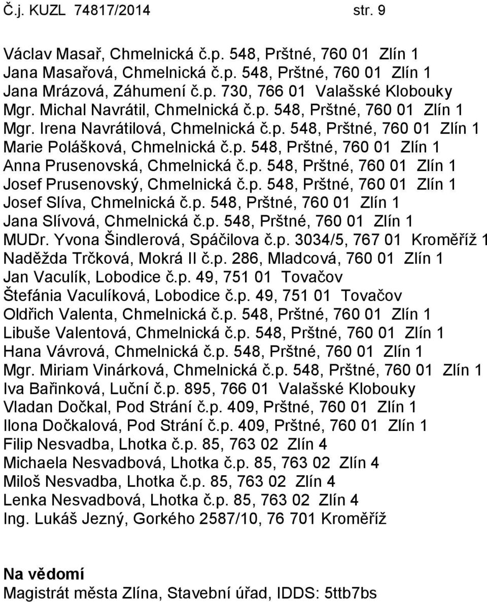 p. 548, Prštné, 760 01 Zlín 1 Josef Prusenovský, Chmelnická č.p. 548, Prštné, 760 01 Zlín 1 Josef Slíva, Chmelnická č.p. 548, Prštné, 760 01 Zlín 1 Jana Slívová, Chmelnická č.p. 548, Prštné, 760 01 Zlín 1 MUDr.