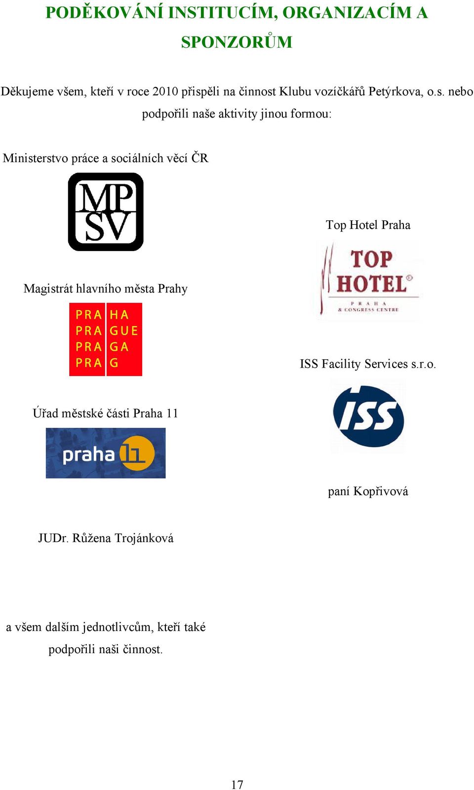 nebo podpořili naše aktivity jinou formou: Ministerstvo práce a sociálních věcí ČR Top Hotel Praha