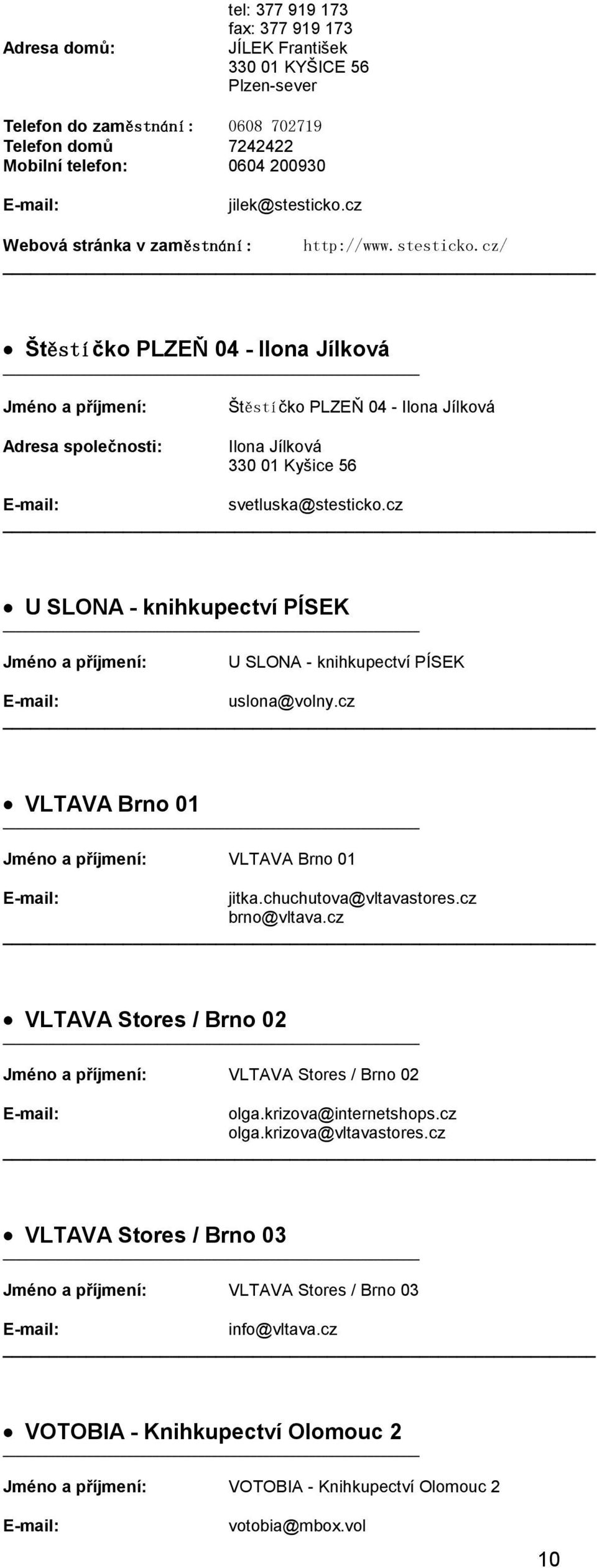 cz U SLONA - knihkupectví PÍSEK U SLONA - knihkupectví PÍSEK uslona@volny.cz VLTAVA Brno 01 VLTAVA Brno 01 jitka.chuchutova@vltavastores.cz brno@vltava.