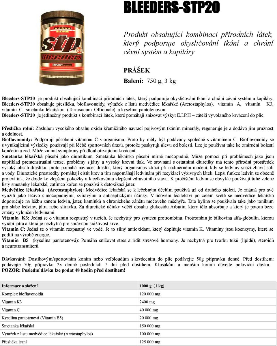 Bleeders-STP20 obsahuje přesličku, bioflavonoidy, výtažek z listů medvědice lékařské (Arctostaphylos), vitamín A, vitamín K3, vitamín C, smetanku lékařskou (Tarraxacum Officinale) a kyselinu