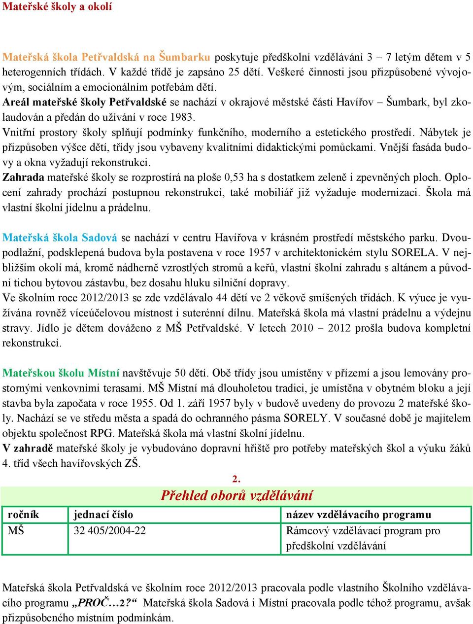 Areál mateřské školy Petřvaldské se nachází v okrajové městské části Havířov Šumbark, byl zkolaudován a předán do užívání v roce 1983.