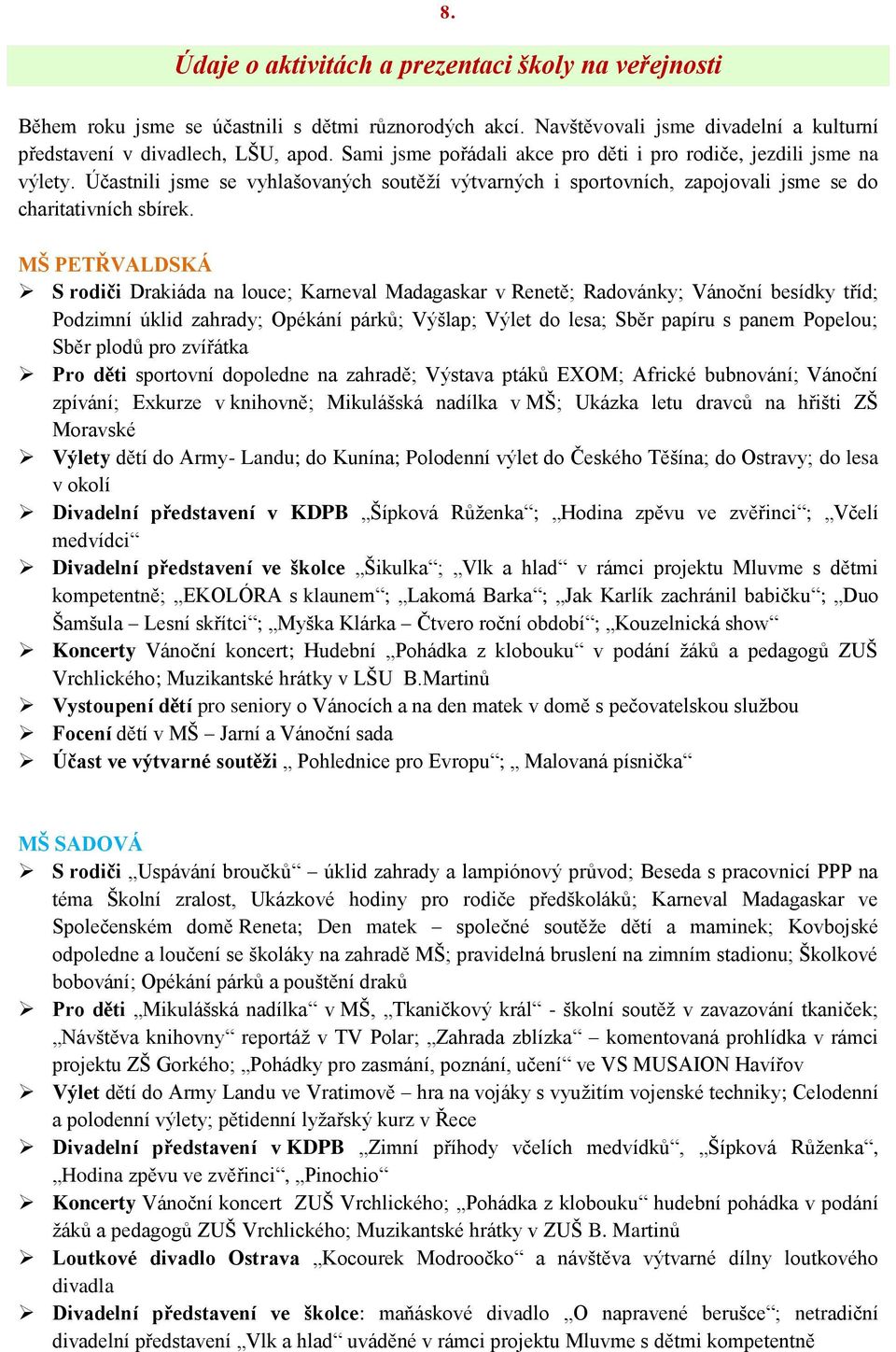 MŠ PETŘVALDSKÁ S rodiči Drakiáda na louce; Karneval Madagaskar v Renetě; Radovánky; Vánoční besídky tříd; Podzimní úklid zahrady; Opékání párků; Výšlap; Výlet do lesa; Sběr papíru s panem Popelou;