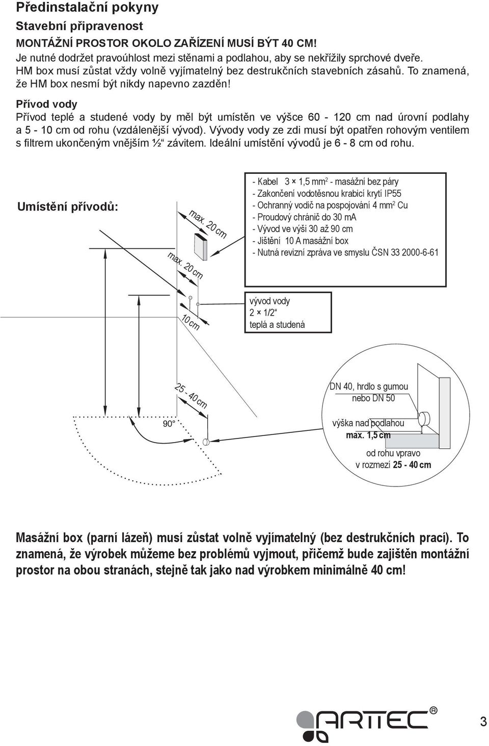 Přívod vody Přívod teplé a studené vody by měl být umístěn ve výšce 60-120 cm nad úrovní podlahy a 5-10 cm od rohu (vzdálenější vývod).