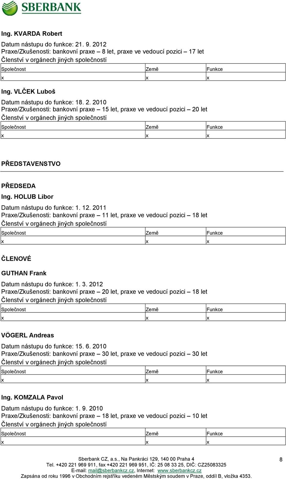 2010 Praxe/Zkušenosti: bankovní praxe 15 let, praxe ve vedoucí pozici 20 let Členství v orgánech jiných společností Společnost Země Funkce x x x PŘEDSTAVENSTVO PŘEDSEDA Ing.