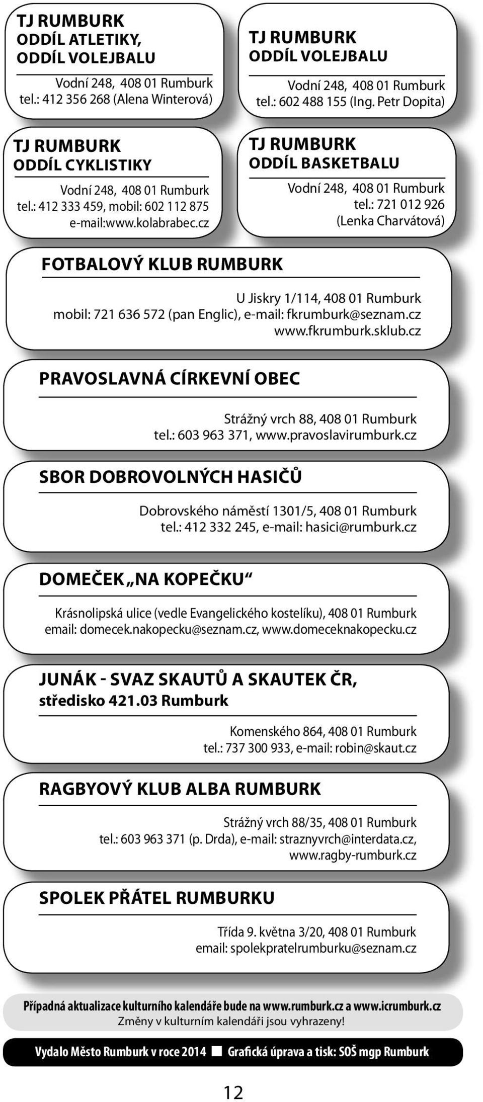 : 721 012 926 (Lenka Charvátová) FOTBALOVÝ KLUB RUMBURK U Jiskry 1/114, 408 01 mobil: 721 636 572 (pan Englic), e-mail: fkrumburk@seznam.cz www.fkrumburk.sklub.