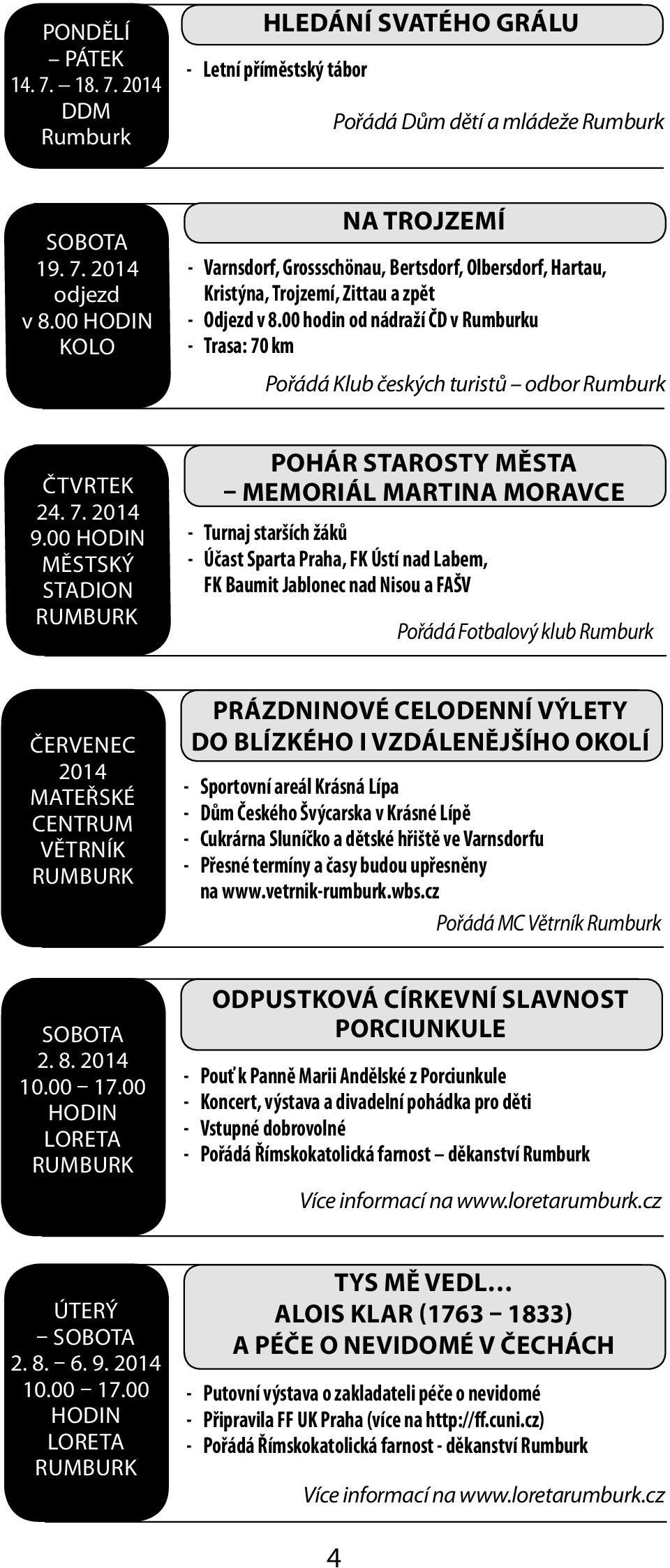00 od nádraží ČD v u - Trasa: 70 km Pořádá Klub českých turistů odbor ČTVRTEK 24. 7. 2014 9.