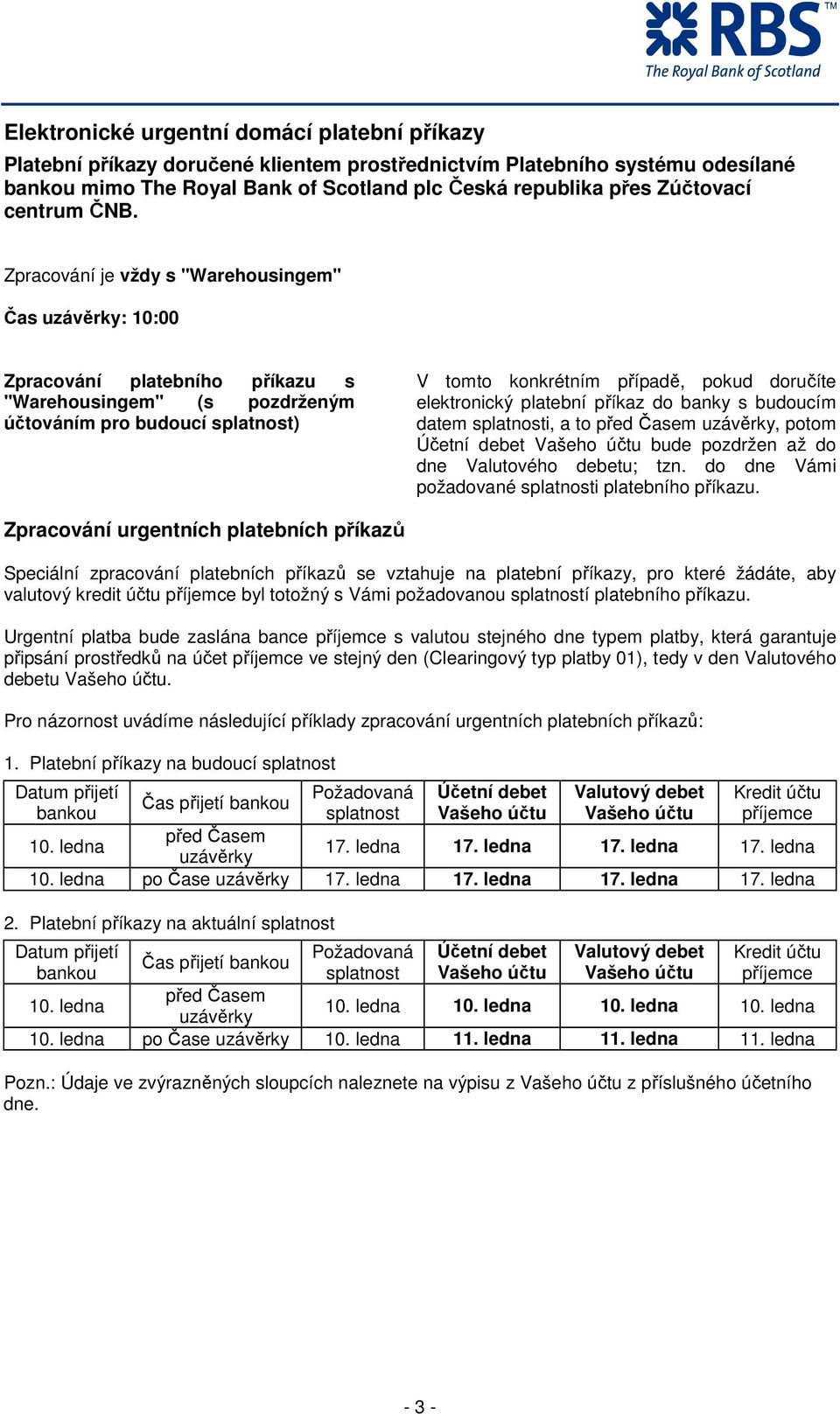 Zpracování je vždy s "Warehousingem" Čas uzávěrky: 10:00 Zpracování platebního příkazu s "Warehousingem" (s pozdrženým účtováním pro budoucí splatnost) V tomto konkrétním případě, pokud doručíte