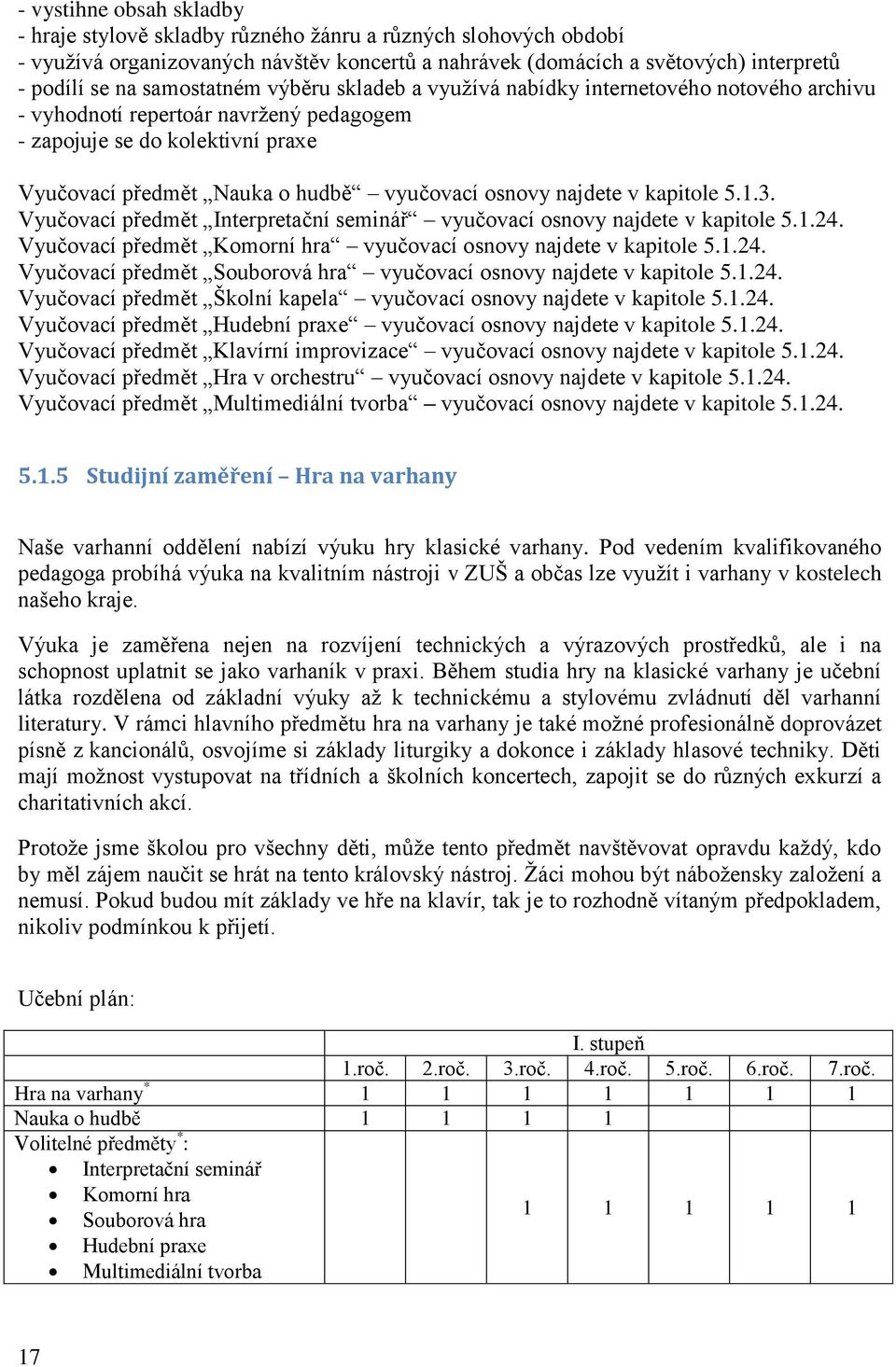 najdete v kapitole 5.1.3. Vyučovací předmět Interpretační seminář vyučovací osnovy najdete v kapitole 5.1.24. Vyučovací předmět Komorní hra vyučovací osnovy najdete v kapitole 5.1.24. Vyučovací předmět Souborová hra vyučovací osnovy najdete v kapitole 5.