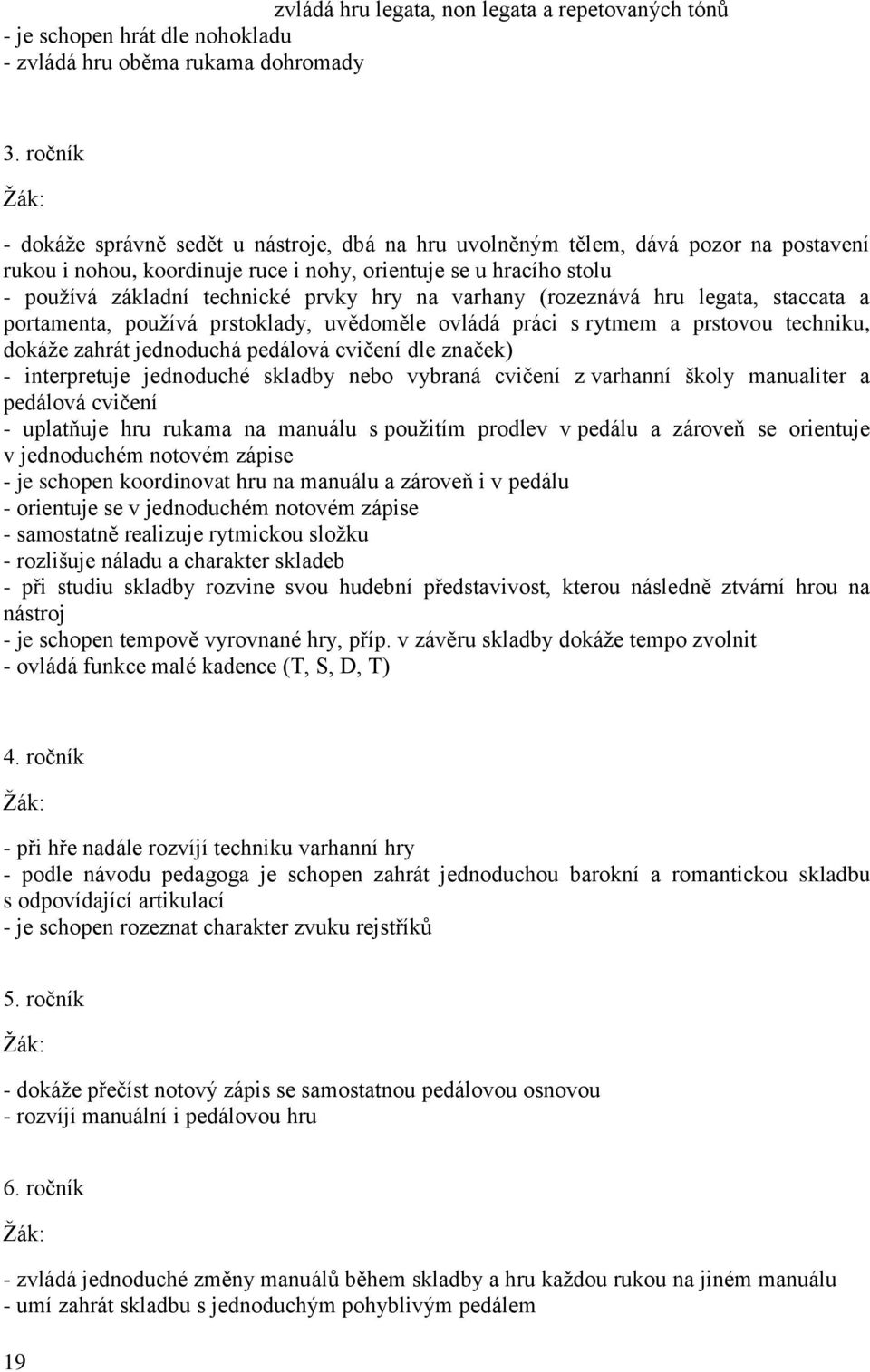 hry na varhany (rozeznává hru legata, staccata a portamenta, používá prstoklady, uvědoměle ovládá práci s rytmem a prstovou techniku, dokáže zahrát jednoduchá pedálová cvičení dle značek) -